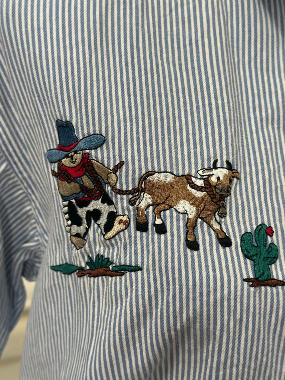 Vintage Quizz Again New York Striped Embroidered Cowboy Denim Button Up - Picture 5 of 8